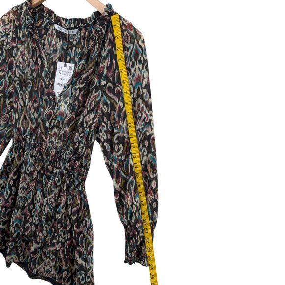 Zara Tiered Mini Dress Multicolor Long Sleeve Smocked Pleated Ruffle Size S - Picture 10 of 12